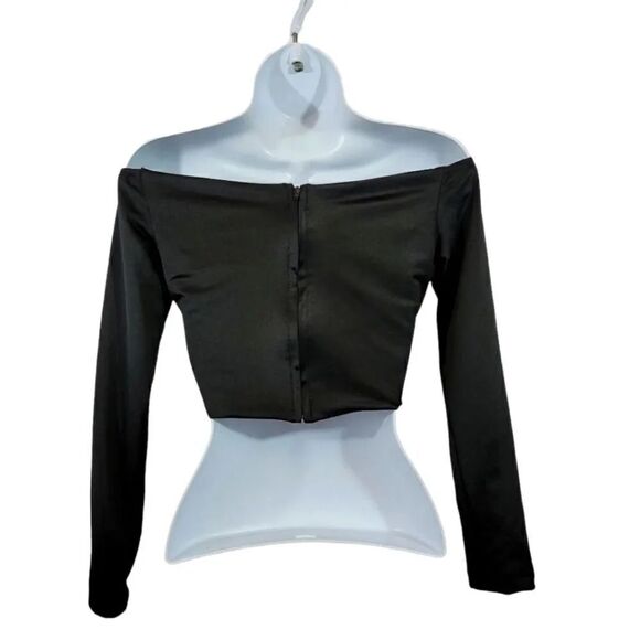 NEW Stretch Scuba Satin Off the Shoulder Longsleeve Crop Top in Black Size Small - Picture 4 of 7